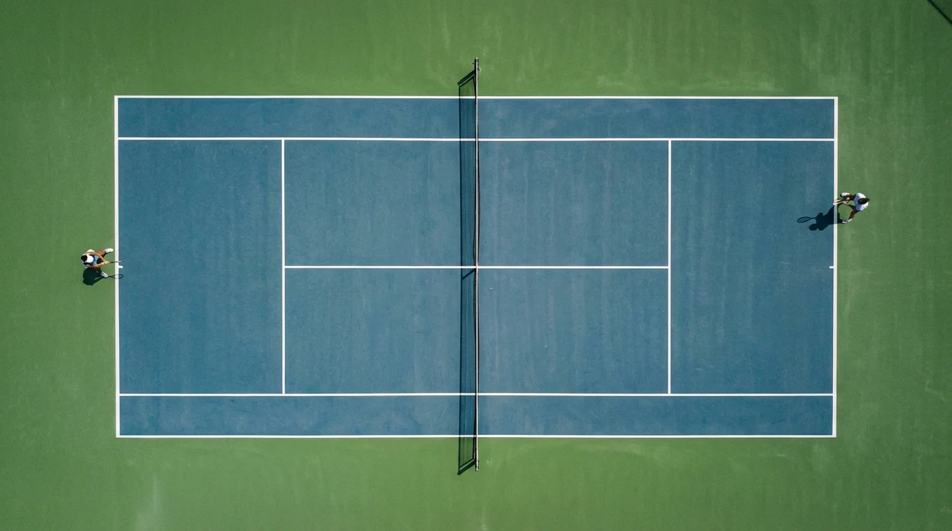 Dos jugadores de tenis en lados opuestos de la red vistos desde arriba