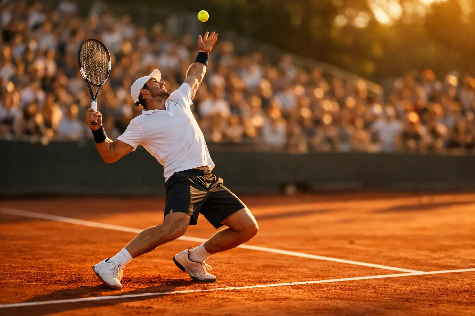 Tenista profesional en pista de tierra batida preparando el saque durante un torneo