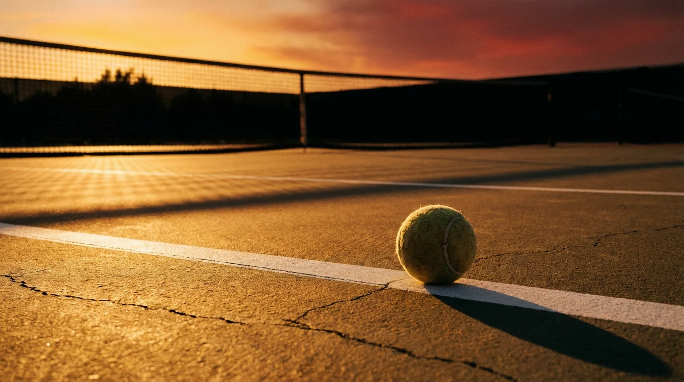 Pelota de tenis en reposo sobre una pista vacía al atardecer con luz cálida