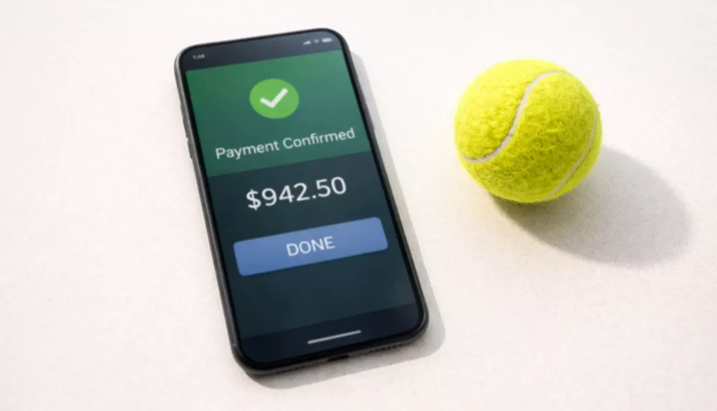 Smartphone mostrando una pantalla de pago junto a una pelota de tenis