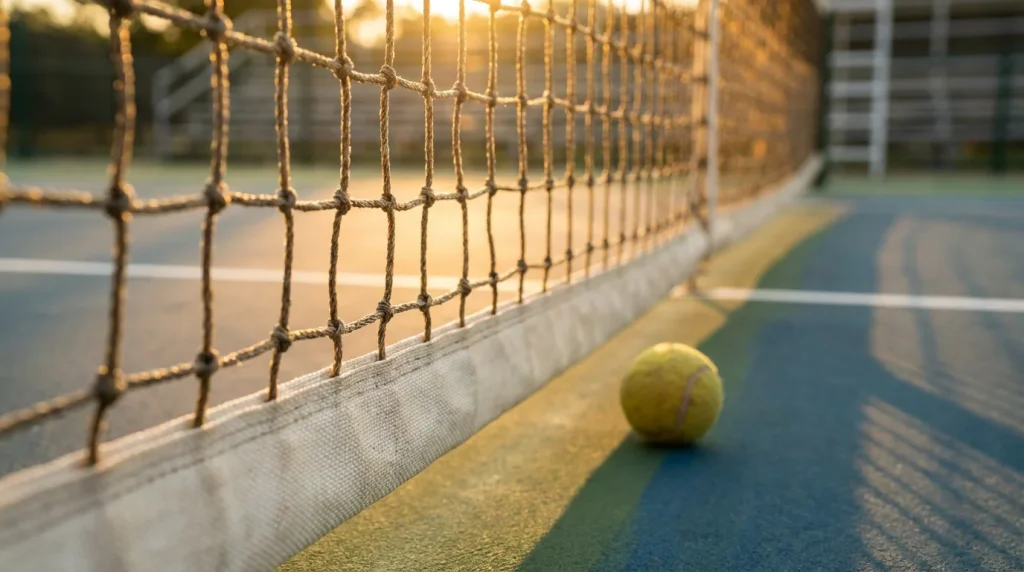 Red de tenis vista de cerca con la pista de fondo iluminada por el sol
