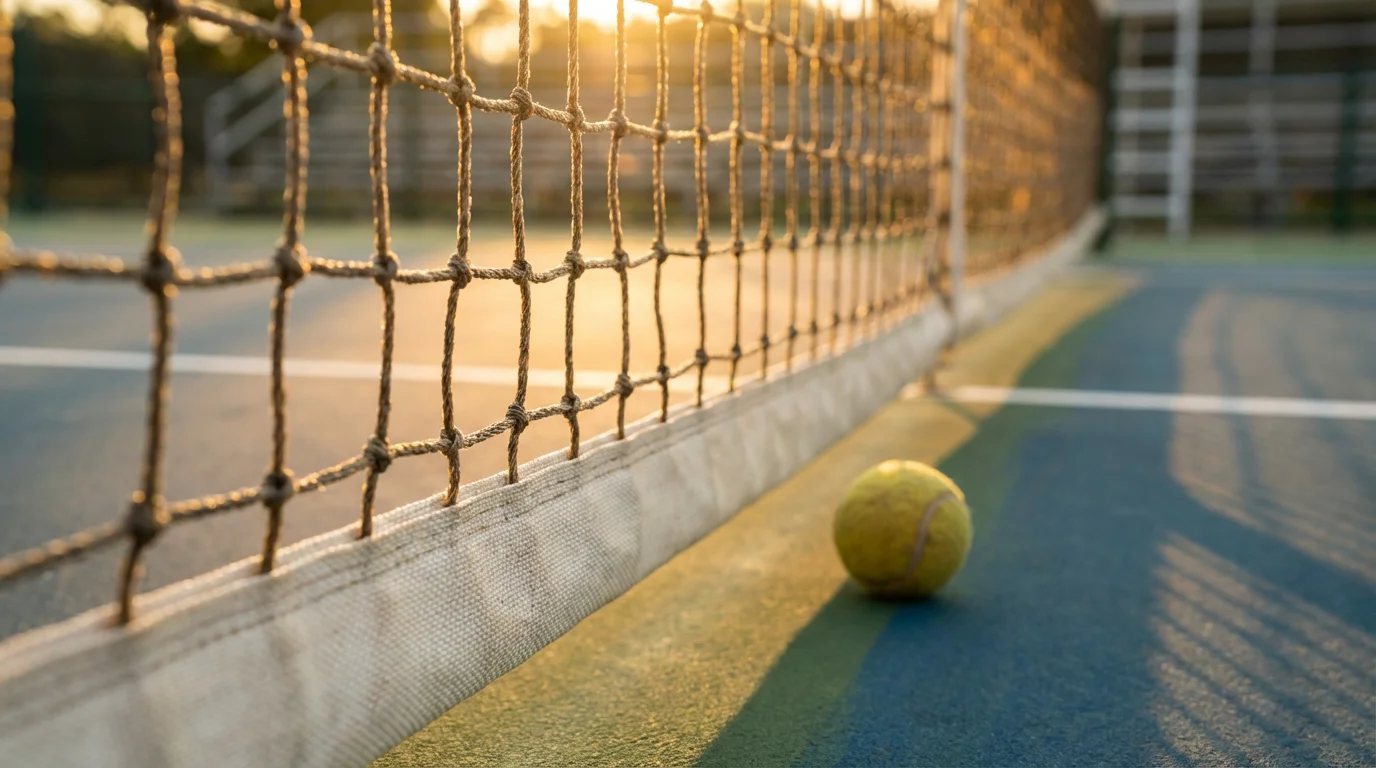 Red de tenis vista de cerca con la pista de fondo iluminada por el sol