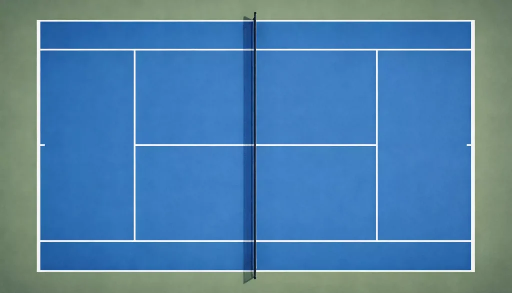 Vista cenital de una pista de tenis con líneas geométricas bien definidas