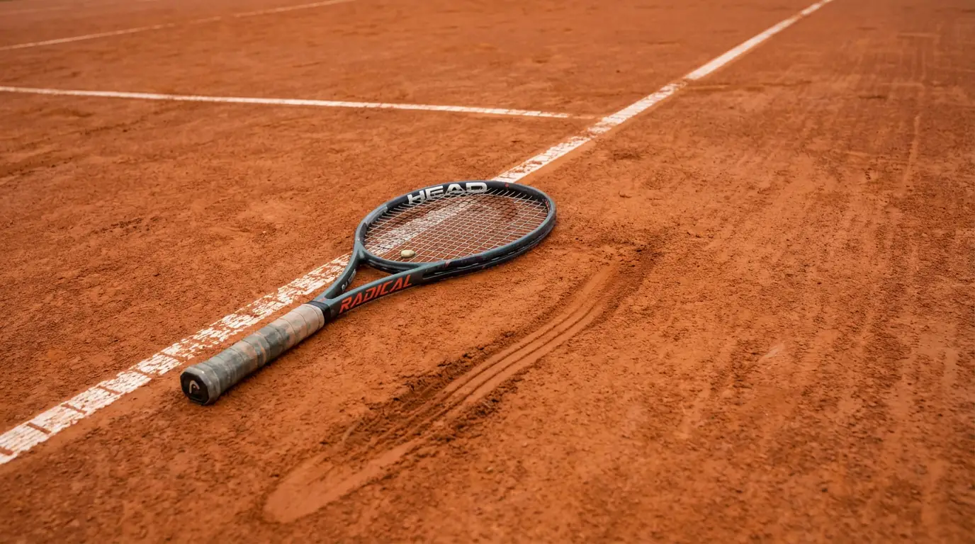 Raqueta de tenis abandonada en el suelo de una pista de tierra batida