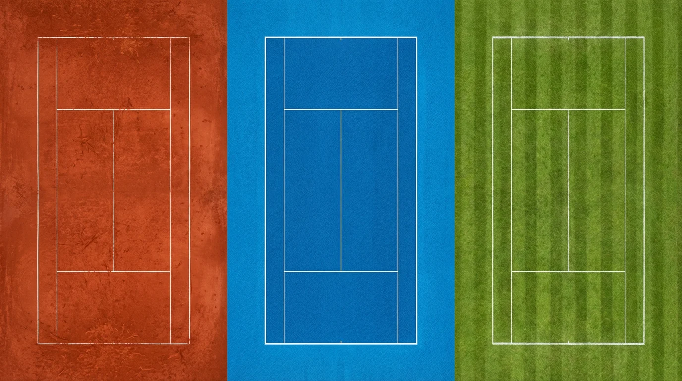 Tres tipos de pista de tenis divididas en tierra batida, dura y hierba
